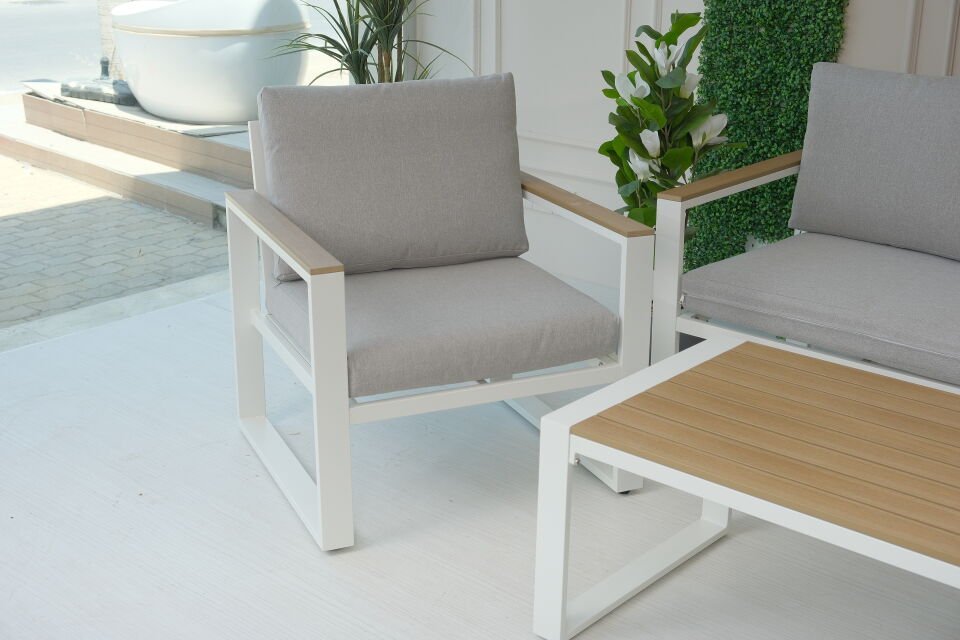 3+1+1+Masa - Bahçe Koltuk Takımı - Alüminyum - Gri-Beyaz