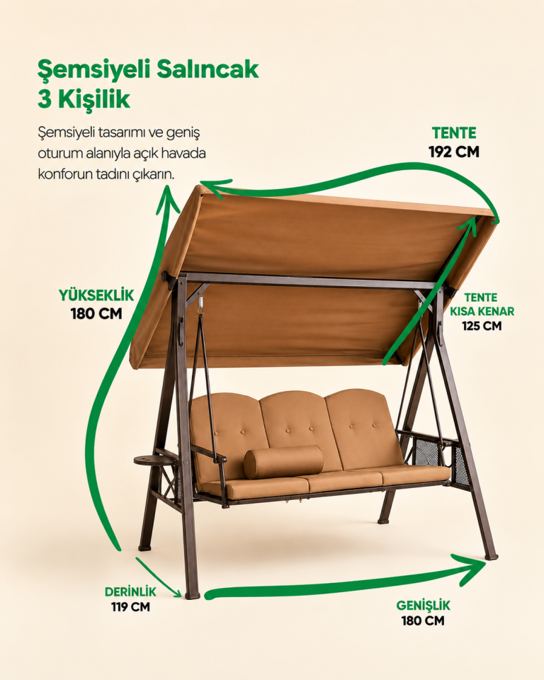 3 Kişilik Şemsiyeli Salıncak – Minderli ve Tenteli
