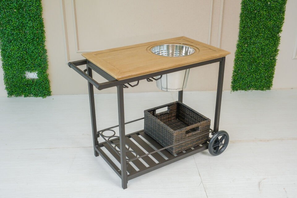 Tekerlekli Servis Arabası – Alüminyum, Rattan Sepetli