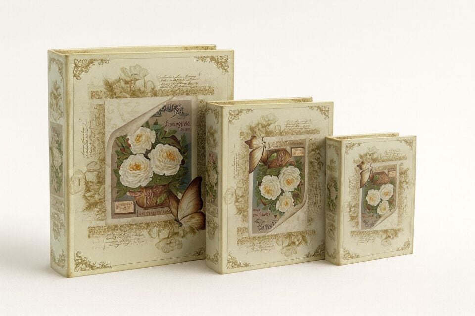 3’lü Vintage Çiçek ve Kelebek Desenli Hediye Kutusu