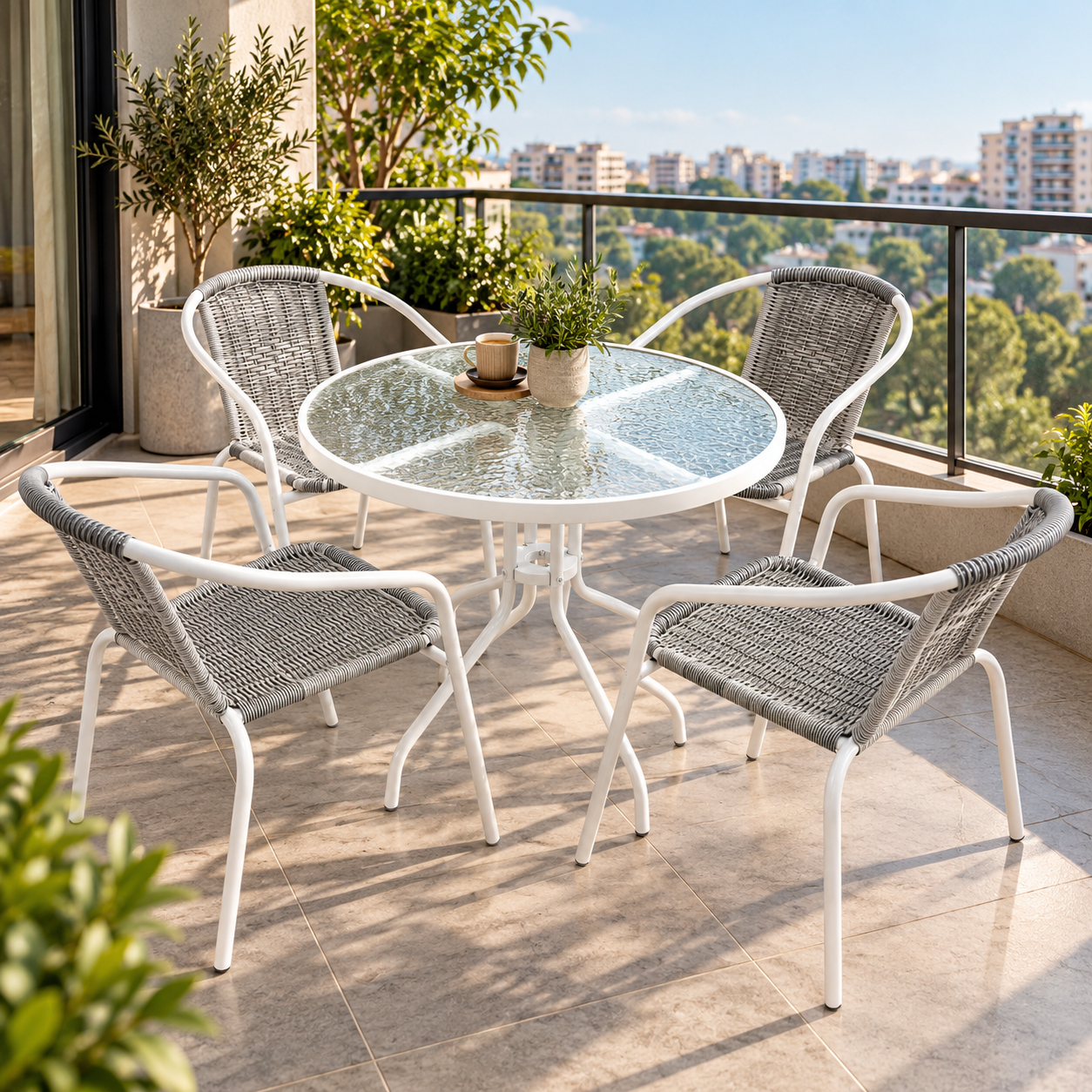 4 Kişilik Balkon Seti – 4 Sandalye + Yuvarlak Masa – Beyaz