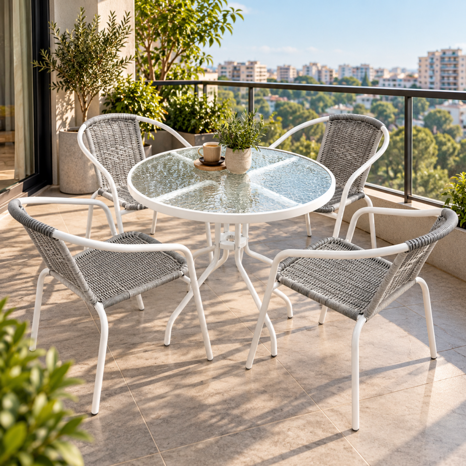 4 Kişilik Balkon Seti – 4 Sandalye + Yuvarlak Masa – Beyaz
