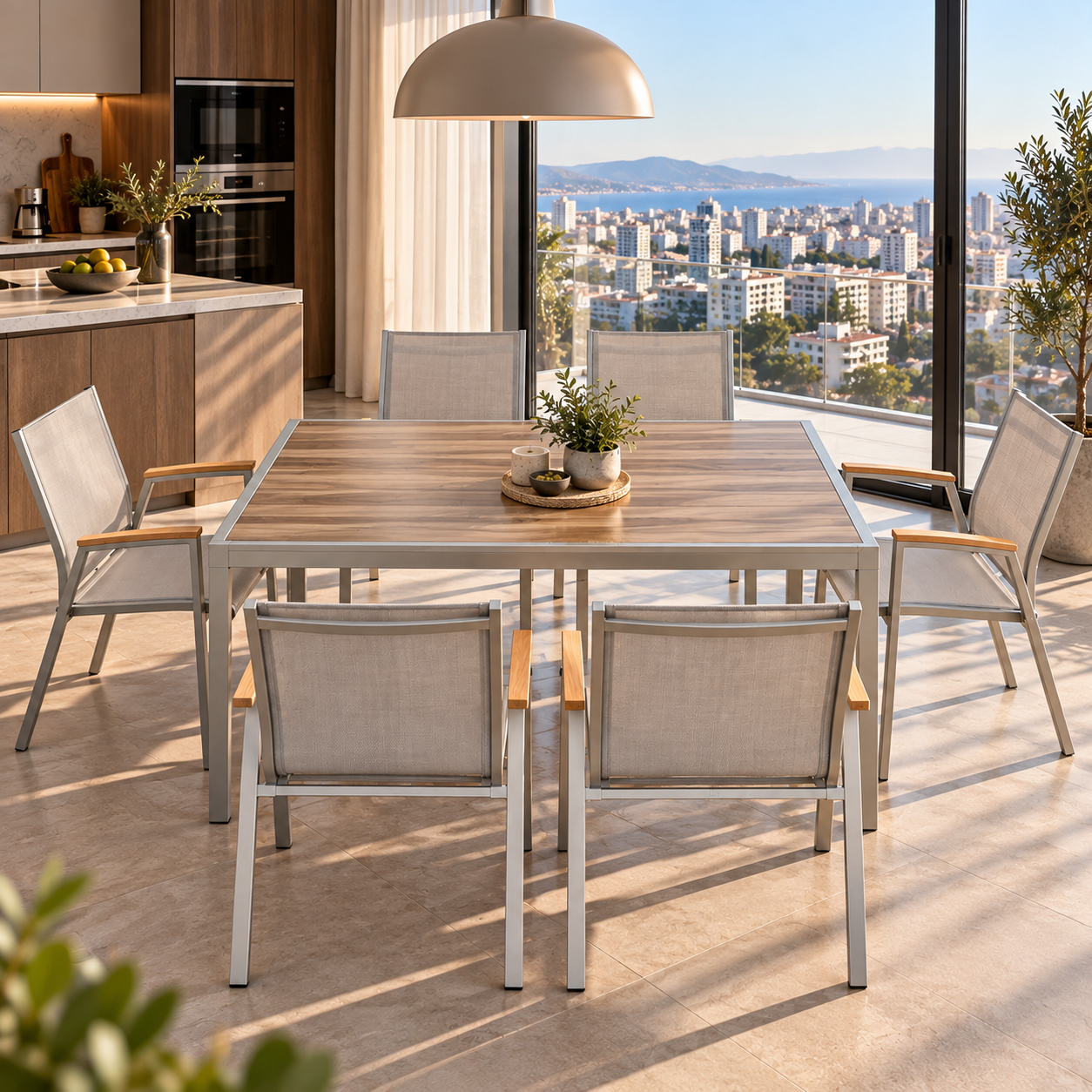 6 Kişilik Bahçe Masa Sandalye Takımı – Bej Metal Balkon & Bahçe Seti