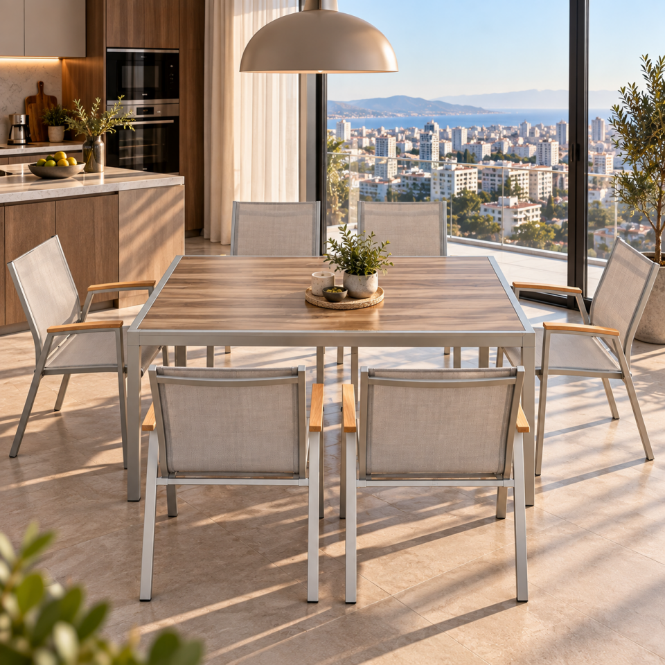 6 Kişilik Bahçe Masa Sandalye Takımı – Bej Metal Balkon & Bahçe Seti