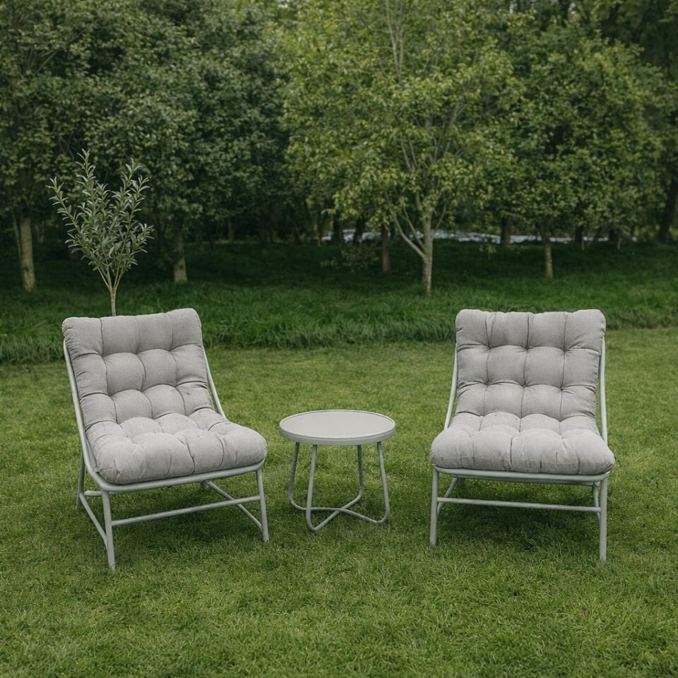 1+1+Sehpa - Metal- Gri- Bahçe  Oturma Grubu