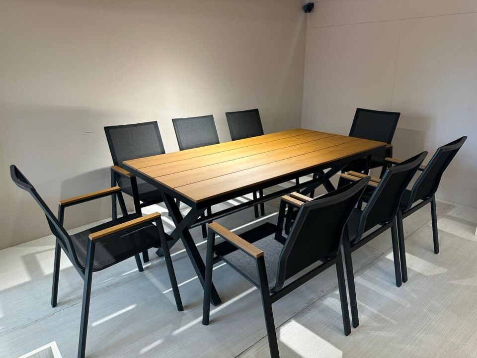 8 Kişilik Alüminyum Bahçe Masa Sandalye Takımı – Polywood Masa – Siyah